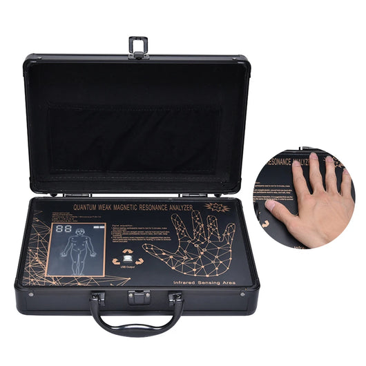 Black 6G Quantum Analyzer Palm Touch Health Detector in a briefcase-style case, with a hand on the sensor. - Image 9