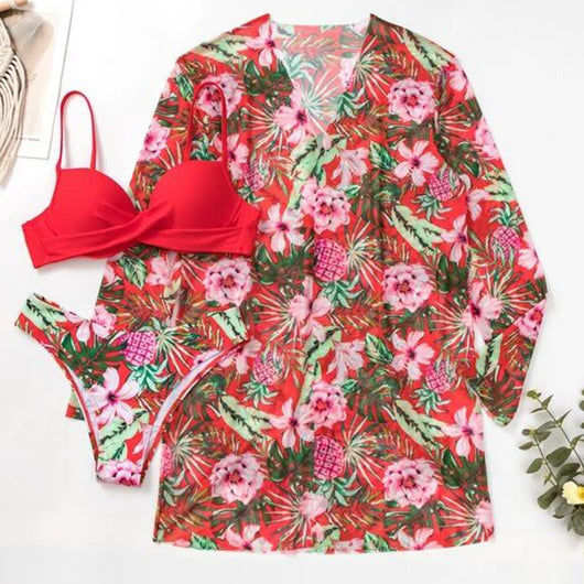 Women's red bikini with a tropical floral and pineapple print cover-up shawl, featuring a twisted front top. - Image 4