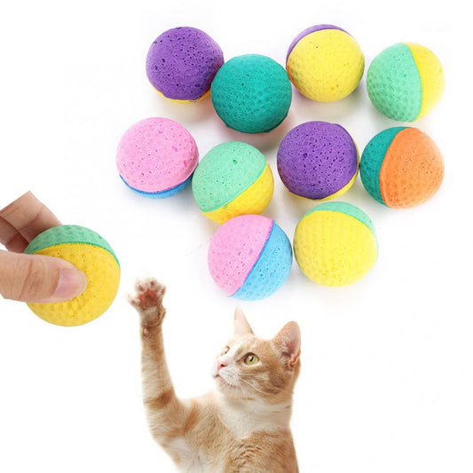10-pack of colorful latex foam balls for cats, featuring solid and two-tone designs in purple, teal, yellow, pink, blue, and orange.