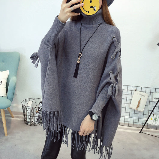 Poncho Suéter Cuello Alto Tejido Suelto Estilo Capa - Image 6