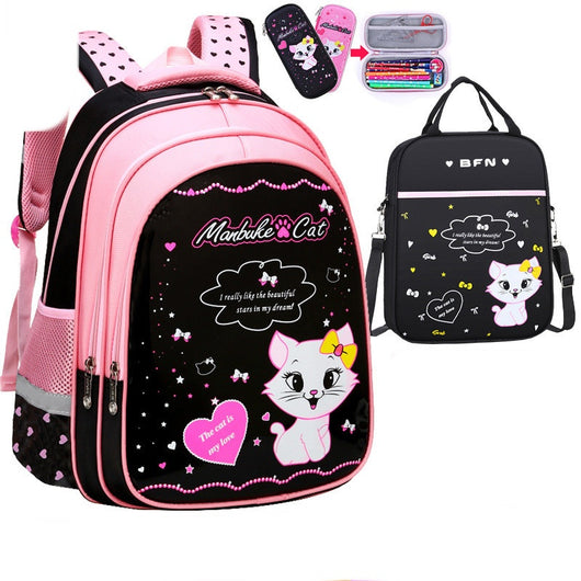 Kids black and pink backpack with a cute white cat print, paired with a matching lunch bag. - Image 8