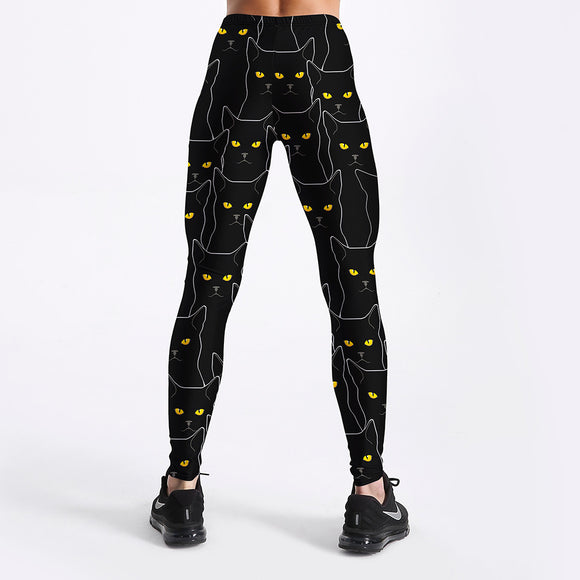 Leggings Deportivos Slim con Estampado de Gato Negro para Mujer