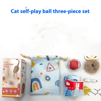 Cat self-play ball three-piece set with a red hunting ball, patterned drawstring storage bag, and a plush toy. - Image 7