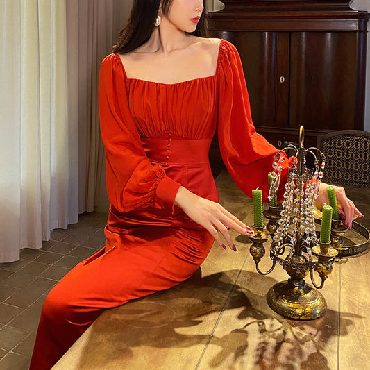 Vestido Rojo con Mangas Abullonadas para Mujer - Image 2