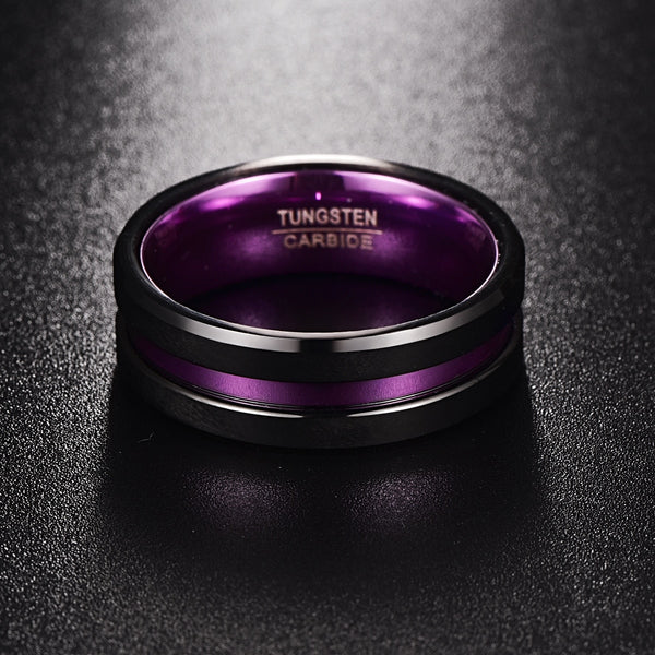 Anel de Tungstênio Masculino com Sulco Fosco e Aro Interno Roxo
