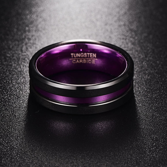 Men's Tungsten Ring with Frosted Groove and Purple Inner Band