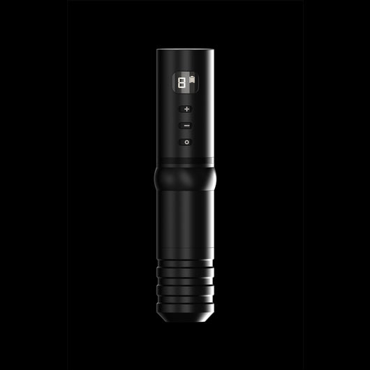 Black wireless tattoo pen with a digital display showing '8' and a battery icon, plus control buttons.