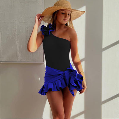 Black one-shoulder ribbed one-piece swimsuit with a ruffled blue and black strap, ideal for women's swimwear. - Image 40