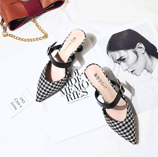 Sandalias de Tacón Alto Estilo Coreano con Diseño Cuadros - Pantuflas Puntiagudas para Mujer - Image 5