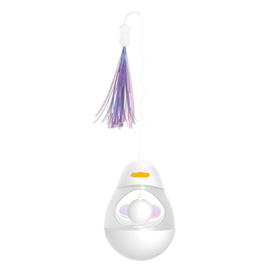 Yellow duck egg shaped tumbler cat toy with a clear middle, containing a yellow ball, and a flexible wand with purple and pink streamers. - Image 7