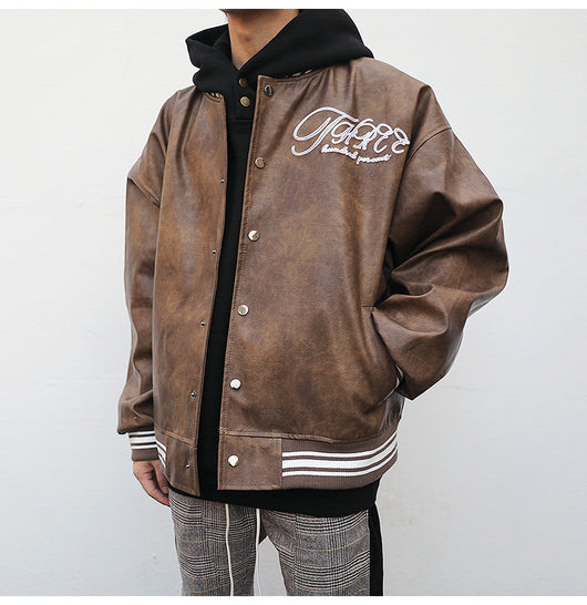 Chaqueta Beisbolera de Cuero con Bordados Artesanales