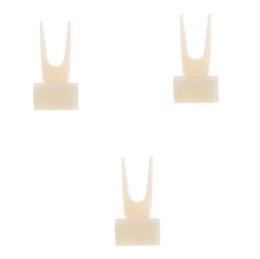 White plastic bird fruit fork clipped onto blue birdcage bars, designed to hold fruit or vegetables for pet birds. - Image 9
