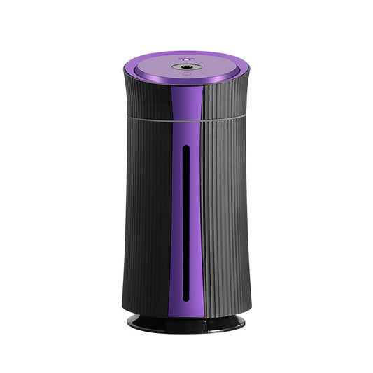Black and purple columnar mini USB humidifier with ribbed texture and visible water level indicator. - Image 2