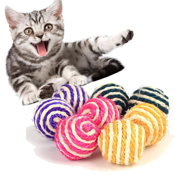 Eight colorful sisal cat scratching balls in purple, teal, hot pink, and yellow stripes on a white background.
