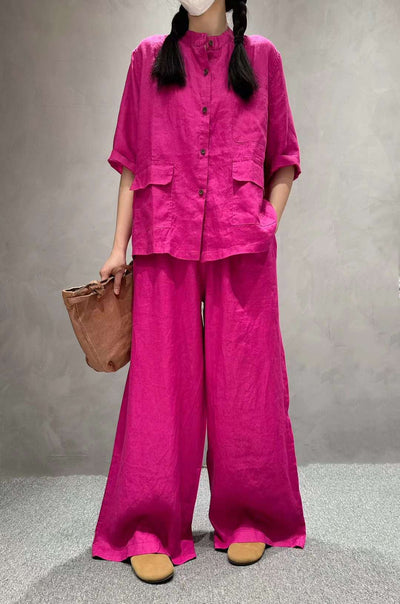 Conjunto de Lino Casual: Camisa Manga Corta y Pantalón de Color Liso - Image 17
