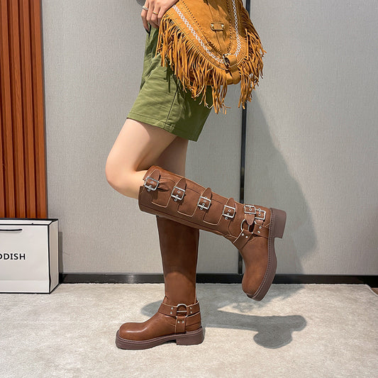 Botas Martin de Cuero Genuino con Tacón Robusto y Hebilla Retro para Mujer