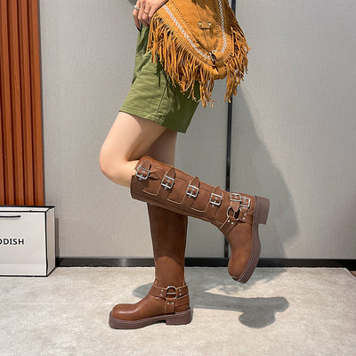Botas Martin de Cuero Genuino con Tacón Robusto y Hebilla Retro para Mujer