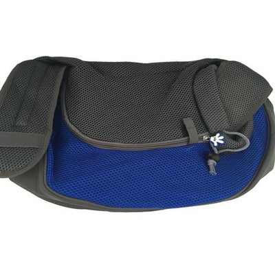 Green and black mesh pet carrier sling bag with a drawstring opening and a yellow flower-shaped zipper pull. - Image 6