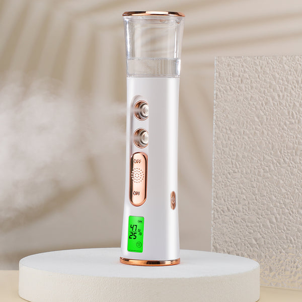 White and rose gold double-spraying nano mist sprayer with a clear reservoir, next to its product box and USB cable.