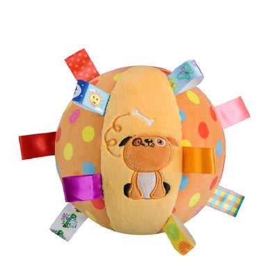 Plush ball toy with a brown polka dot base, yellow monkey embroidery, and colorful fabric tags. - Image 8