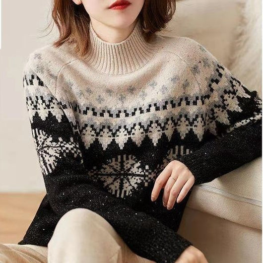 Suéter Retro de Cuello Alto con Copo de Nieve - Tejido Suelto para Otoño e Invierno - Image 7