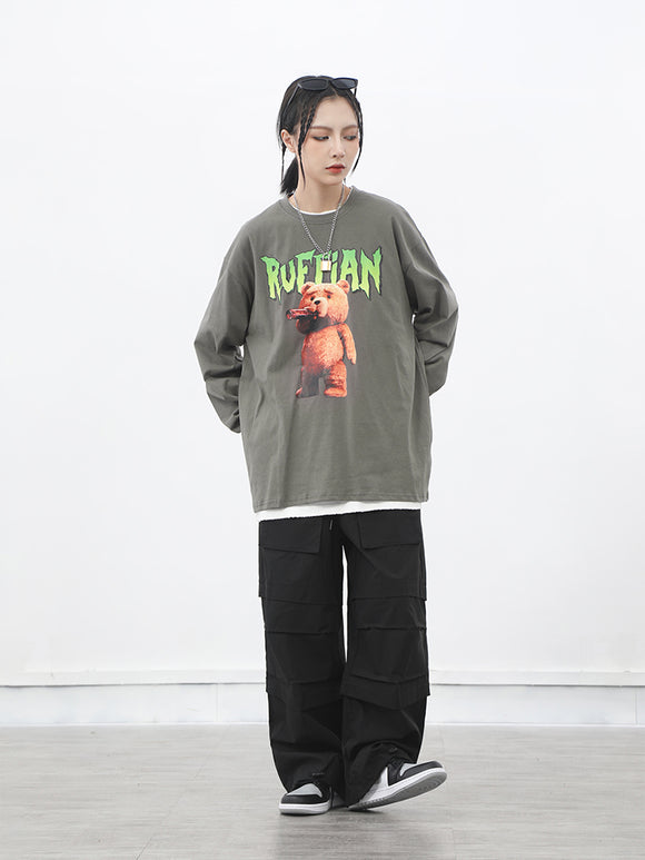 Playera Manga Larga Estampado Oso Japonés para Hombre