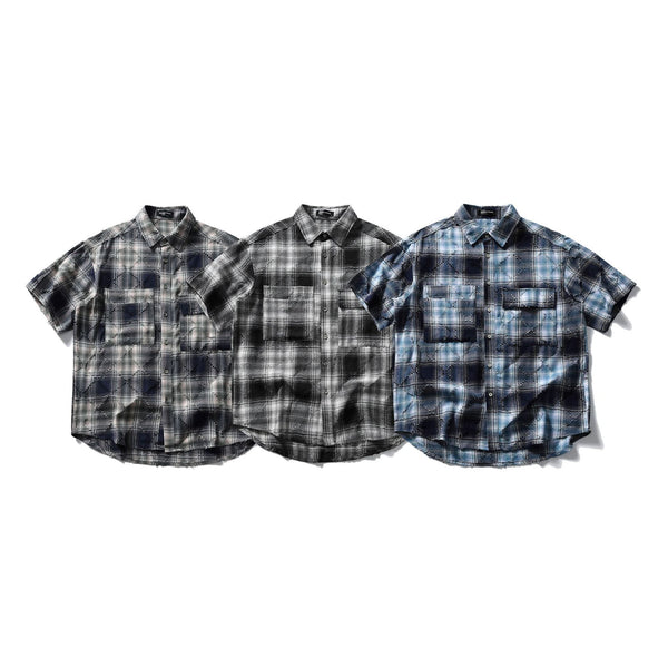 Camisa Cuadrillé Retro Japonesa de Manga Corta Estilo Vintage
