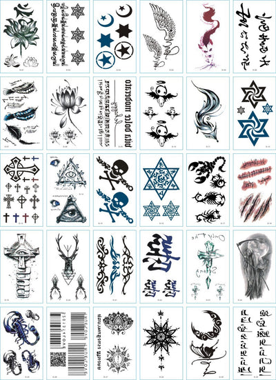 Set of 30 temporary tattoo stickers featuring pink and purple butterflies, flowers, bunnies, and moon designs. - Image 2