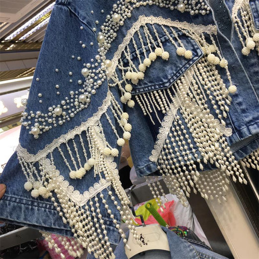 Chaqueta Denim Industrial con Perlas y Borlas - Image 8