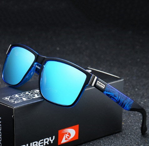 Black DUBERY polarized sunglasses with rectangular frames and dark lenses, shown from front and top-down angles.