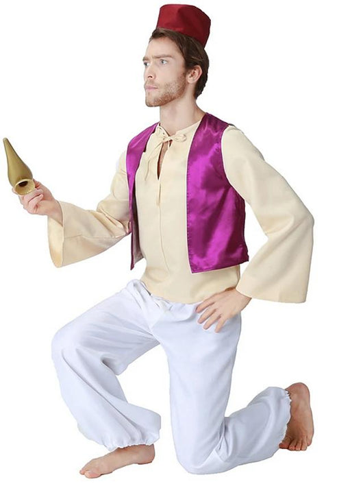 Men's Prince costume featuring a red fez, cream shirt, purple vest, brown sash, white harem pants, and a gold genie lamp. - Image 2