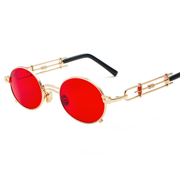 Black individual steampunk sunglasses with round clear lenses and unique metal frames on a white background.