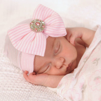 Gorro Tejido para Bebé con Rayas y Mariposa Brillante - Invierno