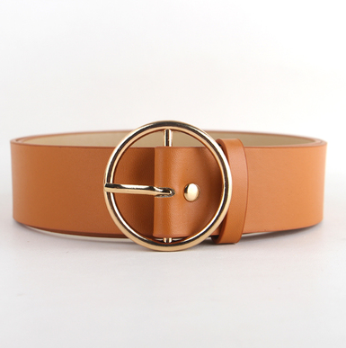 Black faux-leather women's belt with a shiny gold-tone round pin buckle, displayed on a white background. - Image 9