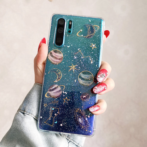Funda de teléfono con planeta de lentejuelas transparente