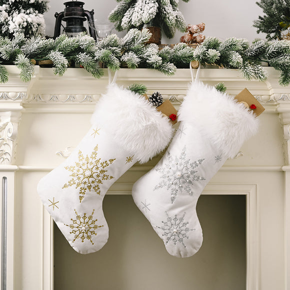White Pearled Snowflake Flannel Christmas Stocking