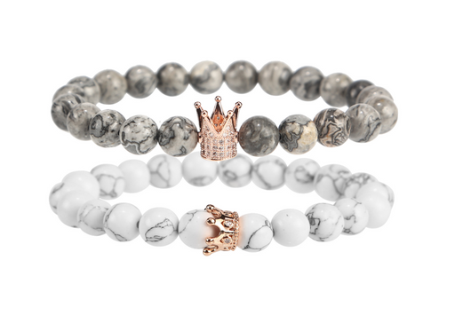 Pulsera de Piedra Volcánica con Circonita Incrustada y Turquesa Blanca