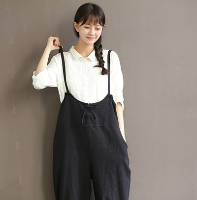 Pantalón Vintage de Algodón con Tirantes - Cintura Alta Estilo Literario - Image 4