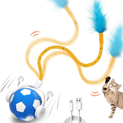 Interactive cat toy with a blue and white soccer ball, a flexible yellow rod with bells, and a blue feather. - Image 4