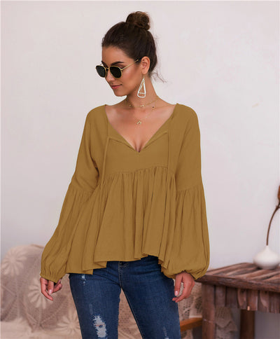 Blusa V-Neck con Mangas Abullonadas en Colores Sólidos - Image 11