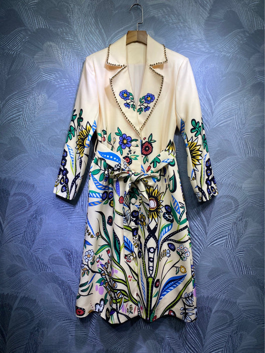 Abrigo Trench Midi con Estampado de Cuentas en Solapa