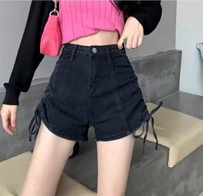 Shorts de Mezclilla Talle Alto con Diseño de Cordón Delgado y Corte Ancho para Mujeres - Image 14
