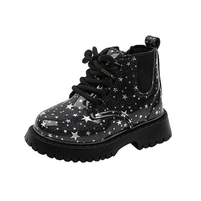 White toddler girls' boots with a holographic star pattern, lace-up front, and side zipper closure. - Image 5