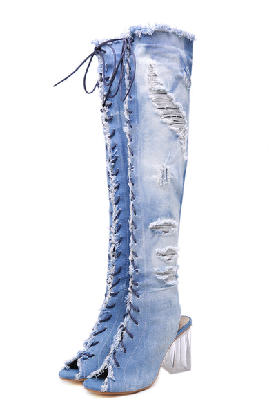 Botas Romanas de Tacón Cristal con Tira y Punta Abierta en Denim - Image 6