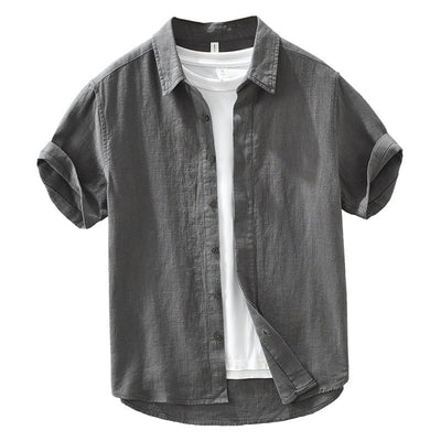 Camisa de Lino y Algodón Transpirable con Solapa de Manga Corta - Image 4