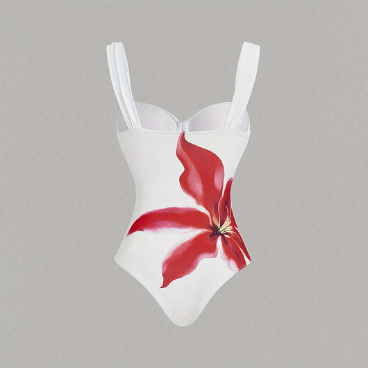 White one-piece swimsuit with red floral print and matching ruched sarong skirt for beach or resort wear. - Image 3