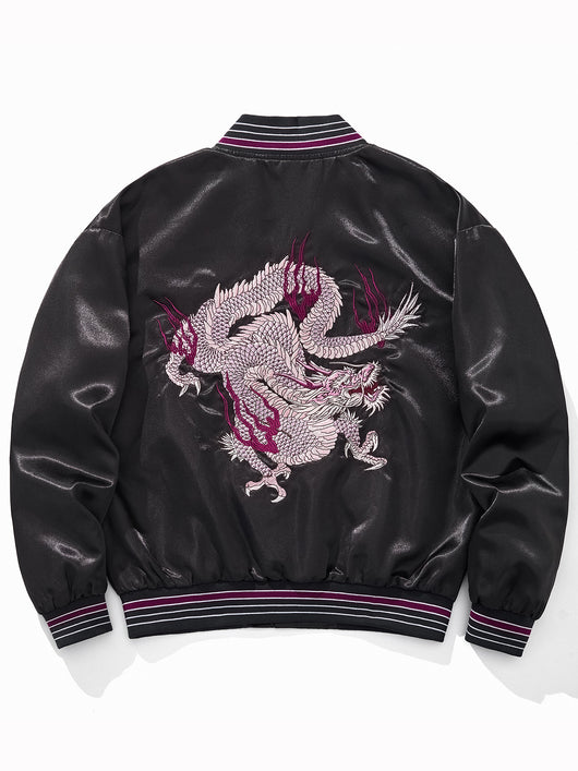 Chaqueta Béisbol Dragón Fuego Púrpura con Nubes Auspiciosas Bordadas - Image 10