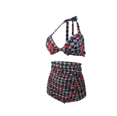 Rose bikini with a black, white, and red houndstooth pattern. Features a halter top and ruched high-waisted bottoms. - Image 4