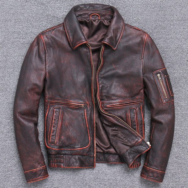 Chaqueta de Cuero Grueso Vintage - Estilo Casual Envejecido