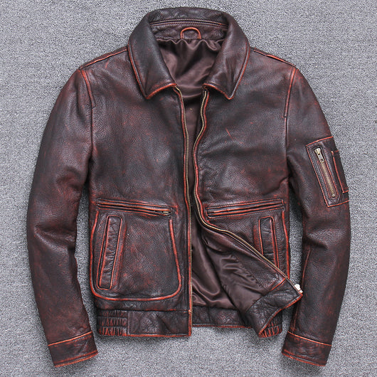Chaqueta de Cuero Grueso Vintage - Estilo Casual Envejecido
